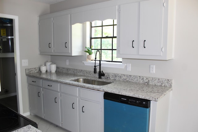 kitchen with dishwashing machine, a sink, light stone countertops, and light marble finish floors
