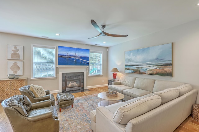 2150 Terrabrook Ln, Charleston, SC 29412 - living area with a ceiling fan, wood finished floors, a fireplace with flush hearth, and recessed lighting