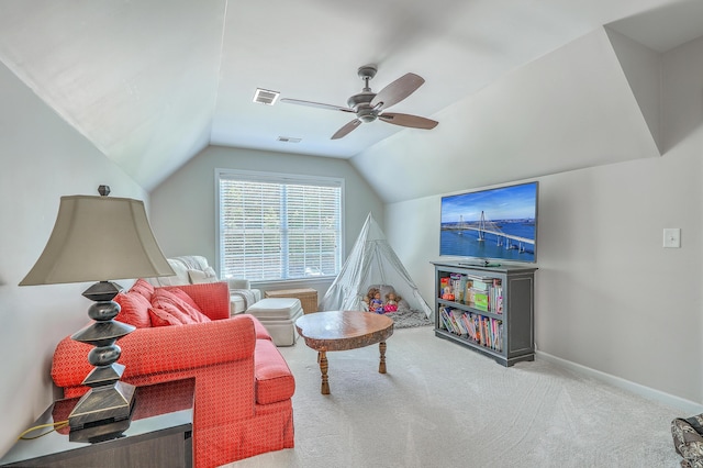 2150 Terrabrook Ln, Charleston, SC 29412 - carpeted living room featuring lofted ceiling and ceiling fan