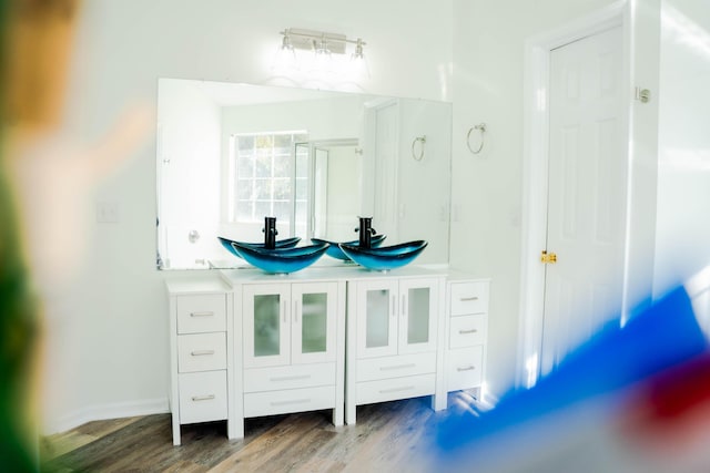 bathroom with wood-type flooring and vanity