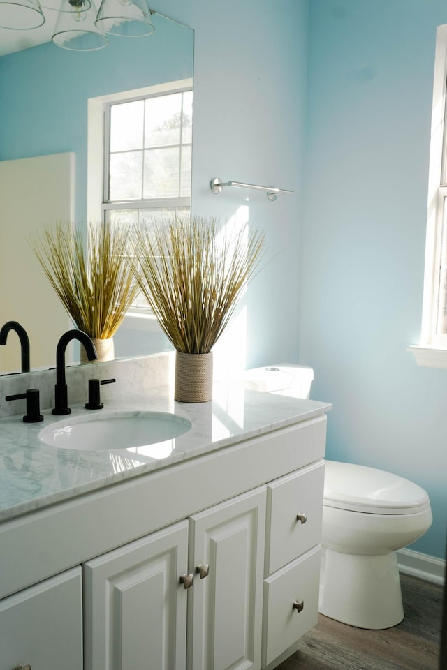 bathroom featuring hardwood / wood-style flooring, vanity, and toilet