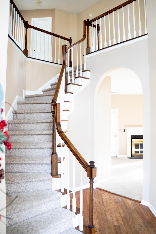 staircase with hardwood / wood-style floors