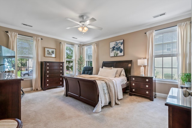 129 Saluda Dr, Moncks Corner, SC 29461 - bedroom featuring light carpet, ornamental molding, and a ceiling fan