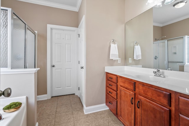 129 Saluda Dr, Moncks Corner, SC 29461 - bathroom with a stall shower, crown molding, vanity, tile patterned flooring, and a tub to relax in