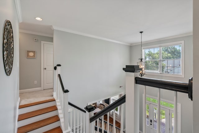129 Saluda Dr, Moncks Corner, SC 29461 - stairs with a chandelier, crown molding, and recessed lighting