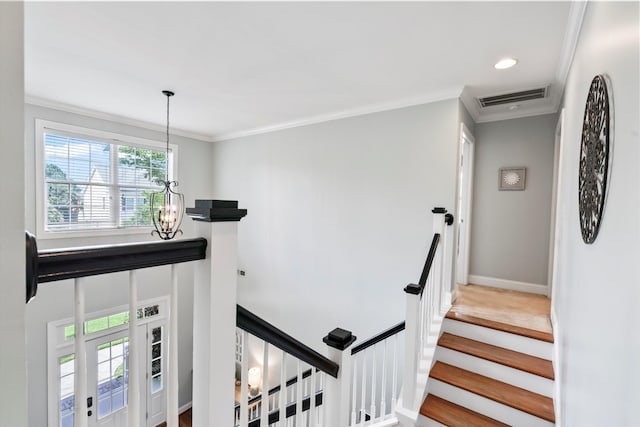 129 Saluda Dr, Moncks Corner, SC 29461 - stairway with a chandelier, ornamental molding, and recessed lighting