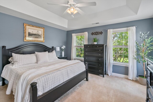 129 Saluda Dr, Moncks Corner, SC 29461 - bedroom featuring a raised ceiling, light carpet, and a ceiling fan