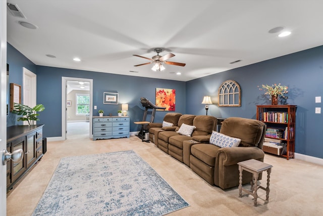 129 Saluda Dr, Moncks Corner, SC 29461 - living area with light carpet, a ceiling fan, and recessed lighting