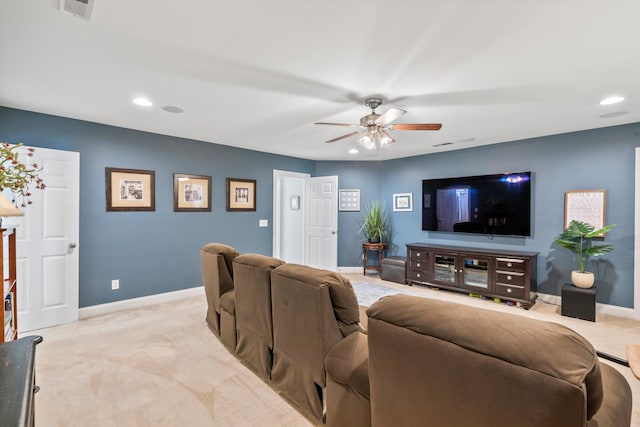 129 Saluda Dr, Moncks Corner, SC 29461 - living room featuring a ceiling fan, light colored carpet, and recessed lighting