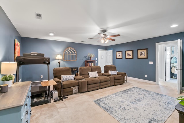 129 Saluda Dr, Moncks Corner, SC 29461 - living room featuring a ceiling fan, light carpet, and recessed lighting