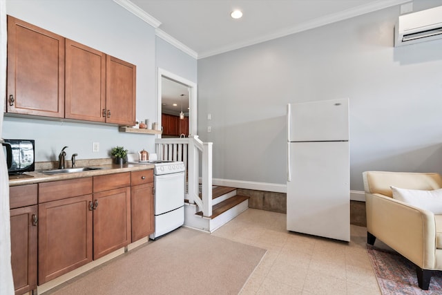129 Saluda Dr, Moncks Corner, SC 29461 - kitchen featuring white appliances, a wall unit AC, ornamental molding, brown cabinets, and light countertops