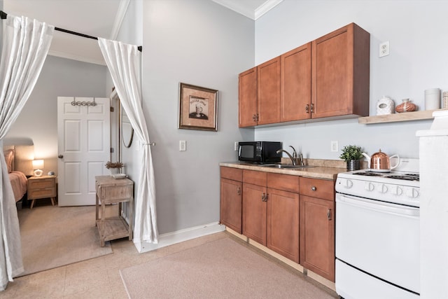 129 Saluda Dr, Moncks Corner, SC 29461 - kitchen with white electric range oven, ornamental molding, brown cabinetry, black microwave, and light countertops
