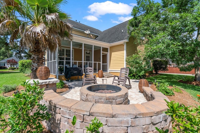 129 Saluda Dr, Moncks Corner, SC 29461 - view of patio / terrace featuring a fire pit, a sunroom, and ceiling fan