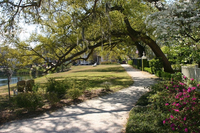 surrounding community with a water view and a yard