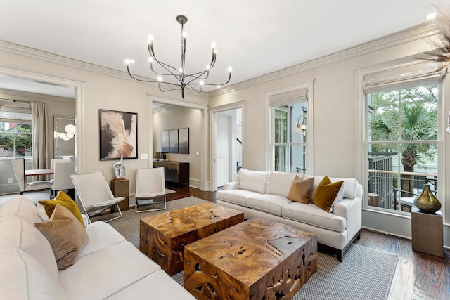 living room featuring crown molding, dark hardwood / wood-style floors, and a chandelier