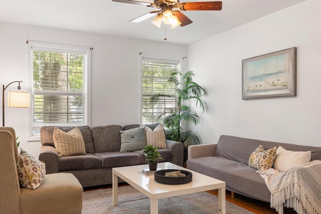 living room with hardwood / wood-style floors and ceiling fan