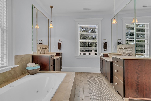 bathroom with crown molding, double sink, and oversized vanity