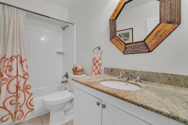 full bathroom featuring tile floors, shower / bath combination with curtain, toilet, and vanity