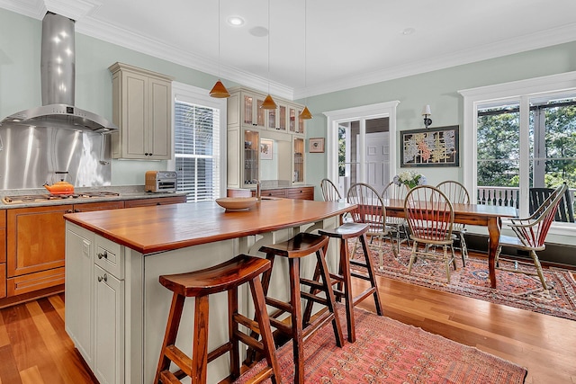 kitchen with light hardwood / wood-style floors, a kitchen island with sink, crown molding, and wall chimney exhaust hood