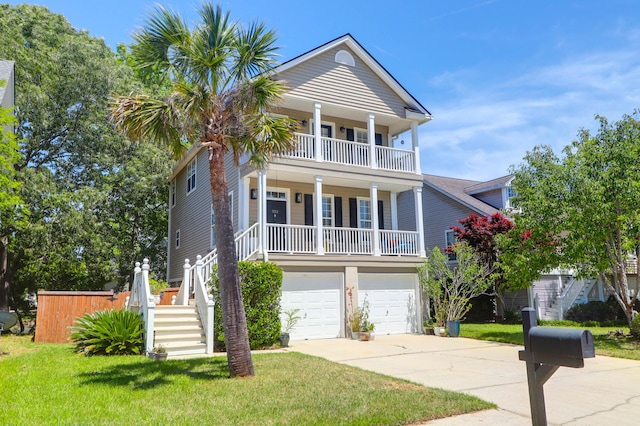 coastal home featuring an attached garage, stairway, a balcony, and driveway