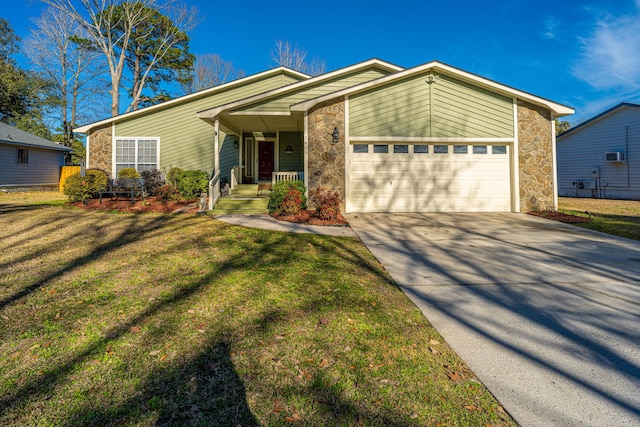 mid-century inspired home featuring an attached garage, covered porch, concrete driveway, stone siding, and a front yard