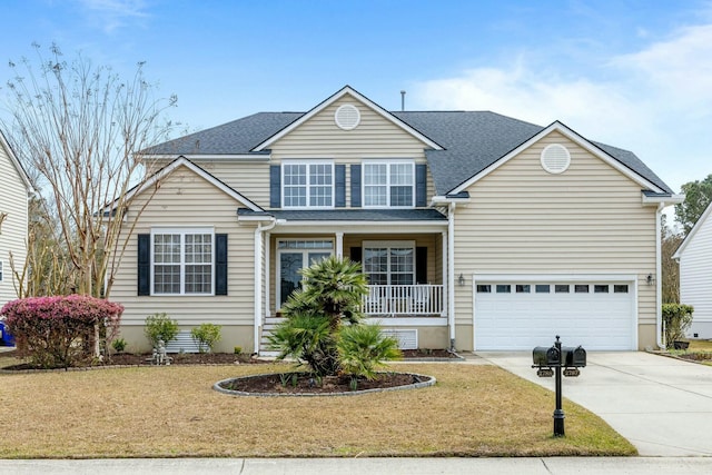 traditional home with concrete driveway, a porch, a front yard, and an attached garage