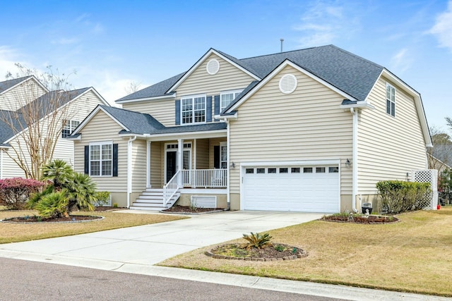 traditional-style home featuring a front lawn, a garage, driveway, and roof with shingles