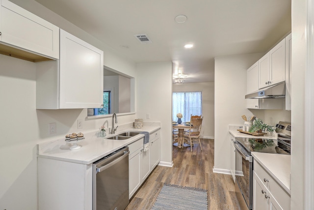 202 Greenmeadow Dr, Goose Creek, SC 29445 - kitchen with wood finished floors, a sink, appliances with stainless steel finishes, under cabinet range hood, and visible vents