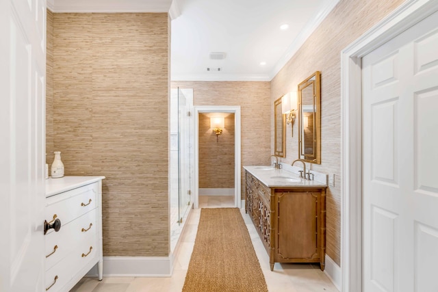 bathroom with walk in shower, tile patterned floors, vanity, and ornamental molding