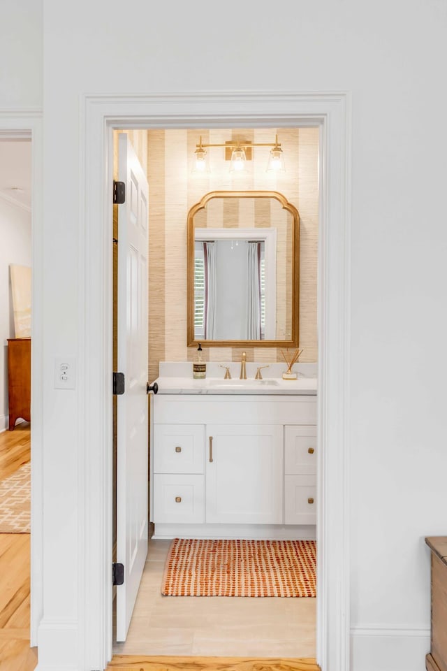 bathroom featuring wood-type flooring and vanity