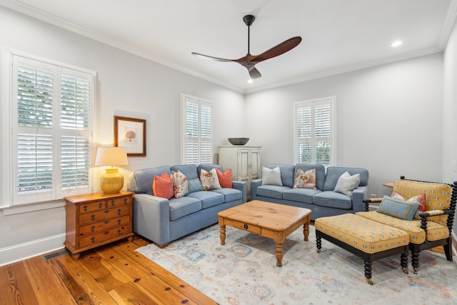 living room featuring ceiling fan, ornamental molding, and light hardwood / wood-style flooring