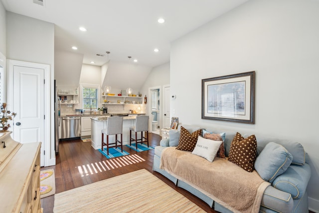 living room featuring lofted ceiling and dark wood-type flooring