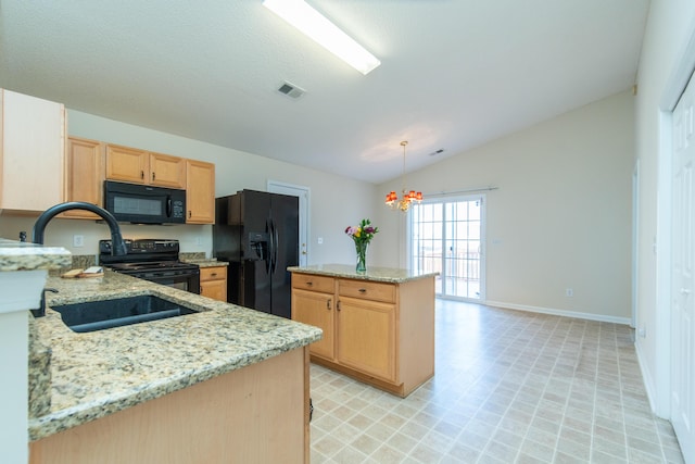 kitchen featuring visible vents, hanging light fixtures, light stone countertops, vaulted ceiling, and black appliances