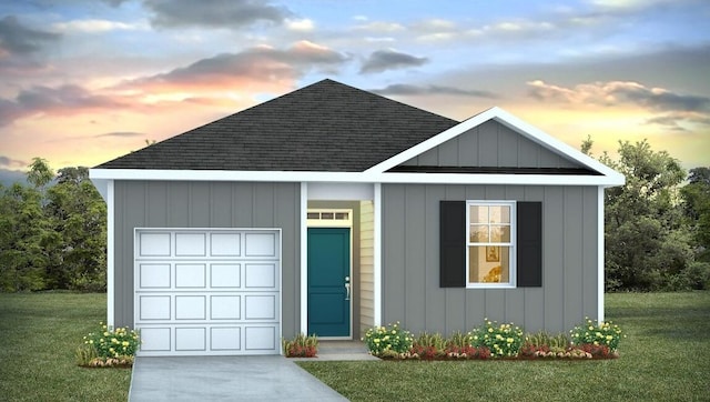 view of front of property featuring board and batten siding, a shingled roof, and a front yard