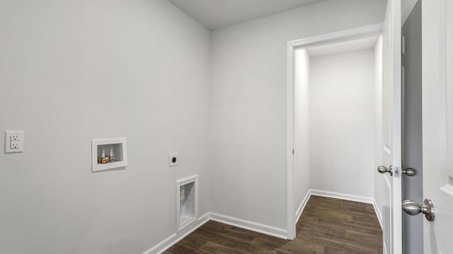 washroom featuring baseboards, hookup for an electric dryer, dark wood finished floors, laundry area, and washer hookup