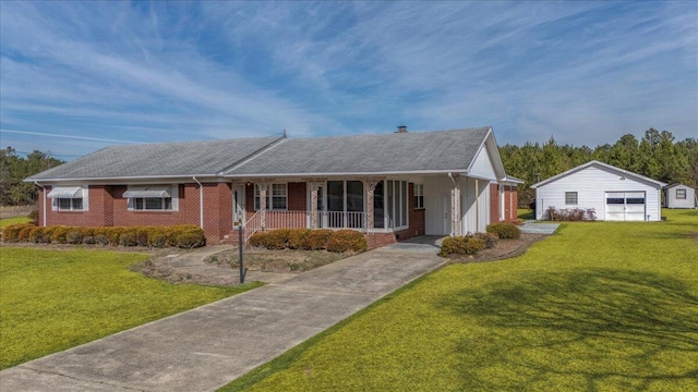 single story home with a porch and a front yard