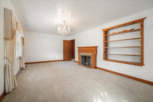 2830 Wire Rd, Saint George, SC 29477 - unfurnished living room with an inviting chandelier, crown molding, light carpet, and a textured ceiling