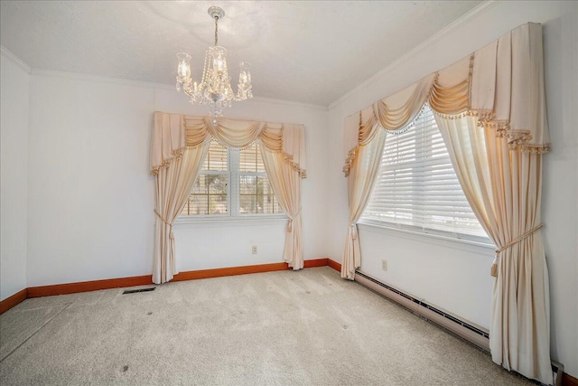 2830 Wire Rd, Saint George, SC 29477 - unfurnished room featuring an inviting chandelier, carpet floors, ornamental molding, and baseboard heating