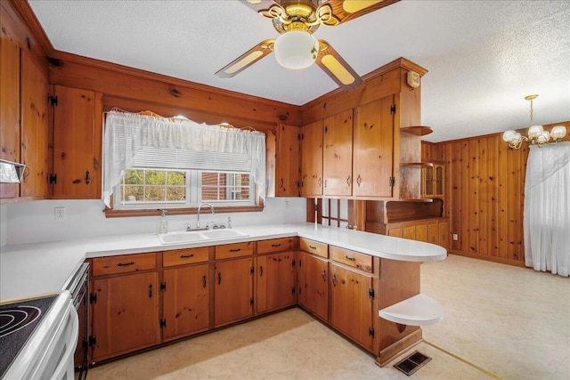 2830 Wire Rd, Saint George, SC 29477 - kitchen featuring sink, hanging light fixtures, a textured ceiling, kitchen peninsula, and wood walls