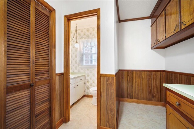 2830 Wire Rd, Saint George, SC 29477 - bathroom featuring vanity, crown molding, wooden walls, and toilet