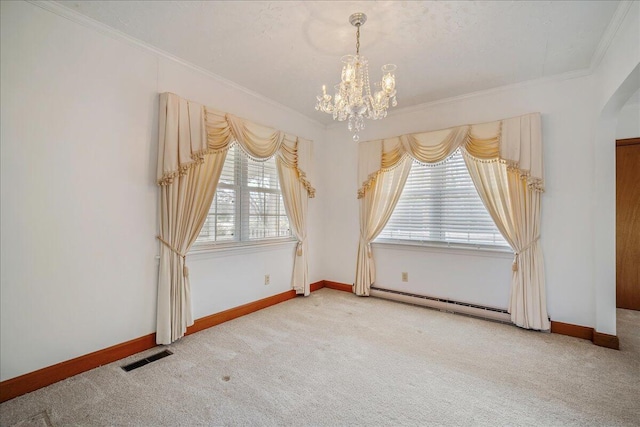 2830 Wire Rd, Saint George, SC 29477 - carpeted empty room with baseboard heating, crown molding, and a notable chandelier