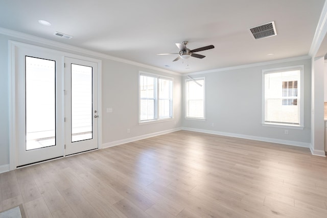 interior space featuring crown molding, ceiling fan, and light hardwood / wood-style floors