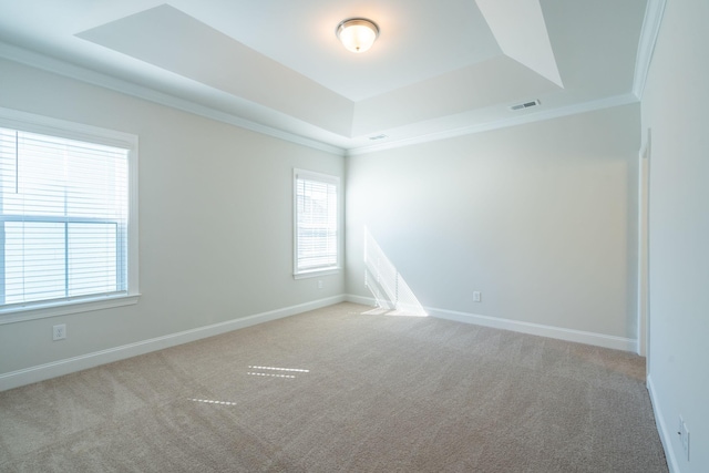 carpeted empty room with crown molding and a tray ceiling