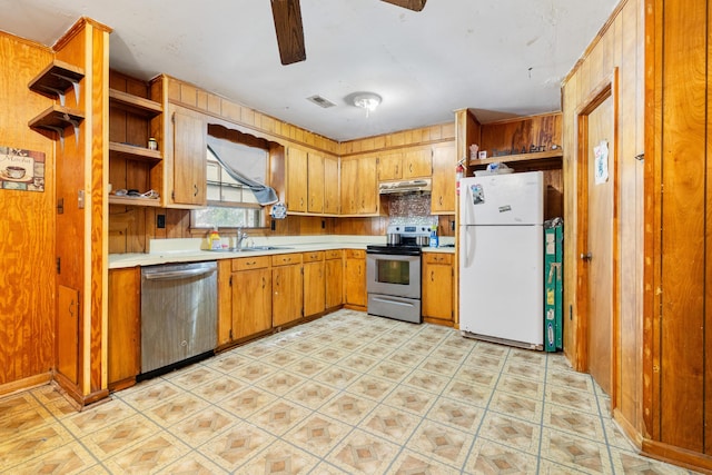 kitchen with sink, wood walls, ceiling fan, and appliances with stainless steel finishes