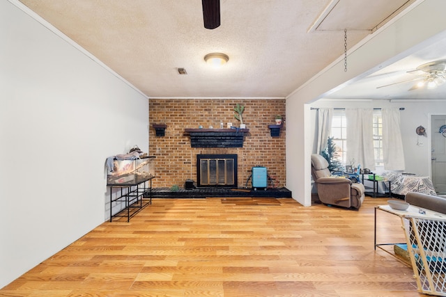 living room with crown molding, a textured ceiling, light wood-type flooring, ceiling fan, and a fireplace