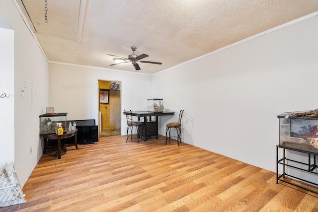 home office with crown molding, light hardwood / wood-style floors, and a textured ceiling