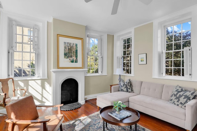 living room featuring ceiling fan, hardwood / wood-style flooring, and crown molding