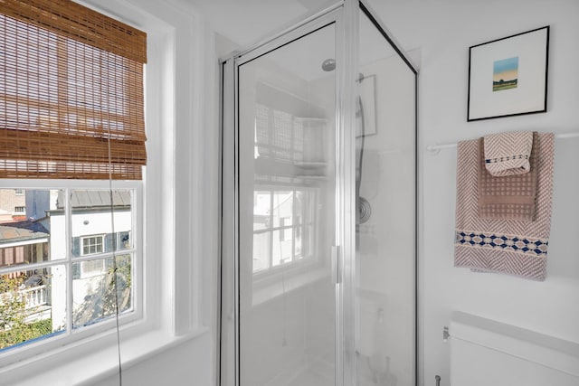 bathroom featuring a shower with door