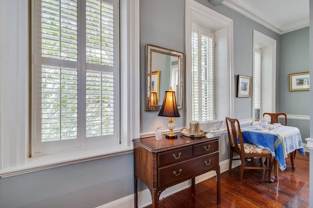 interior space with crown molding and dark hardwood / wood-style floors