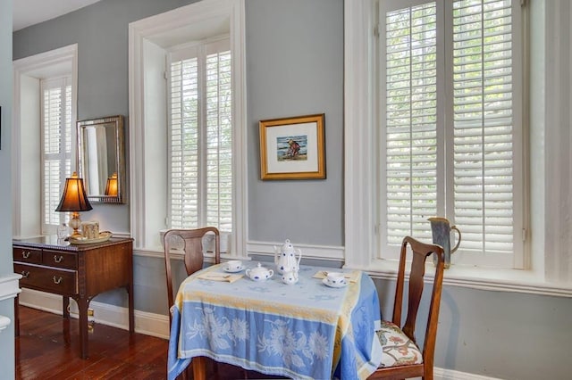 dining space featuring a wealth of natural light and dark wood-type flooring